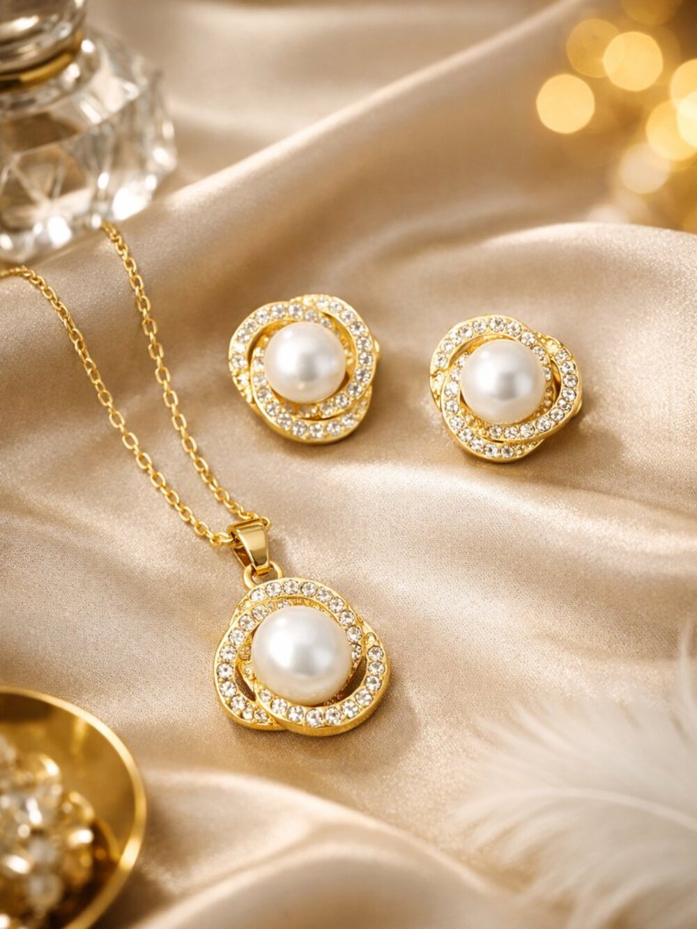 NWT Flower Faux Pearl & Rhinestone Necklace Earrings Set Gold & Jewelry Set
